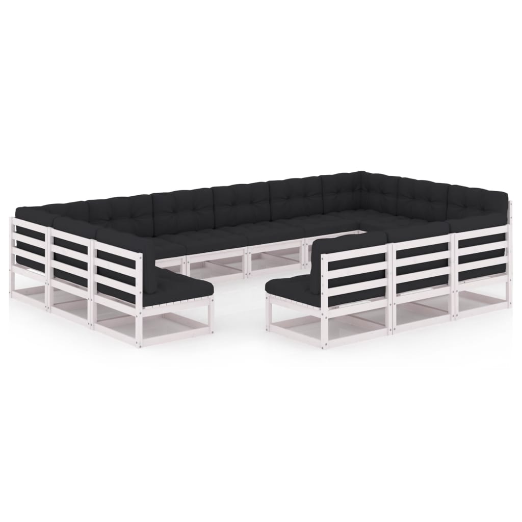 13-tlg. Garten-Lounge-Set mit Kissen Weiss Kiefer Massivholz